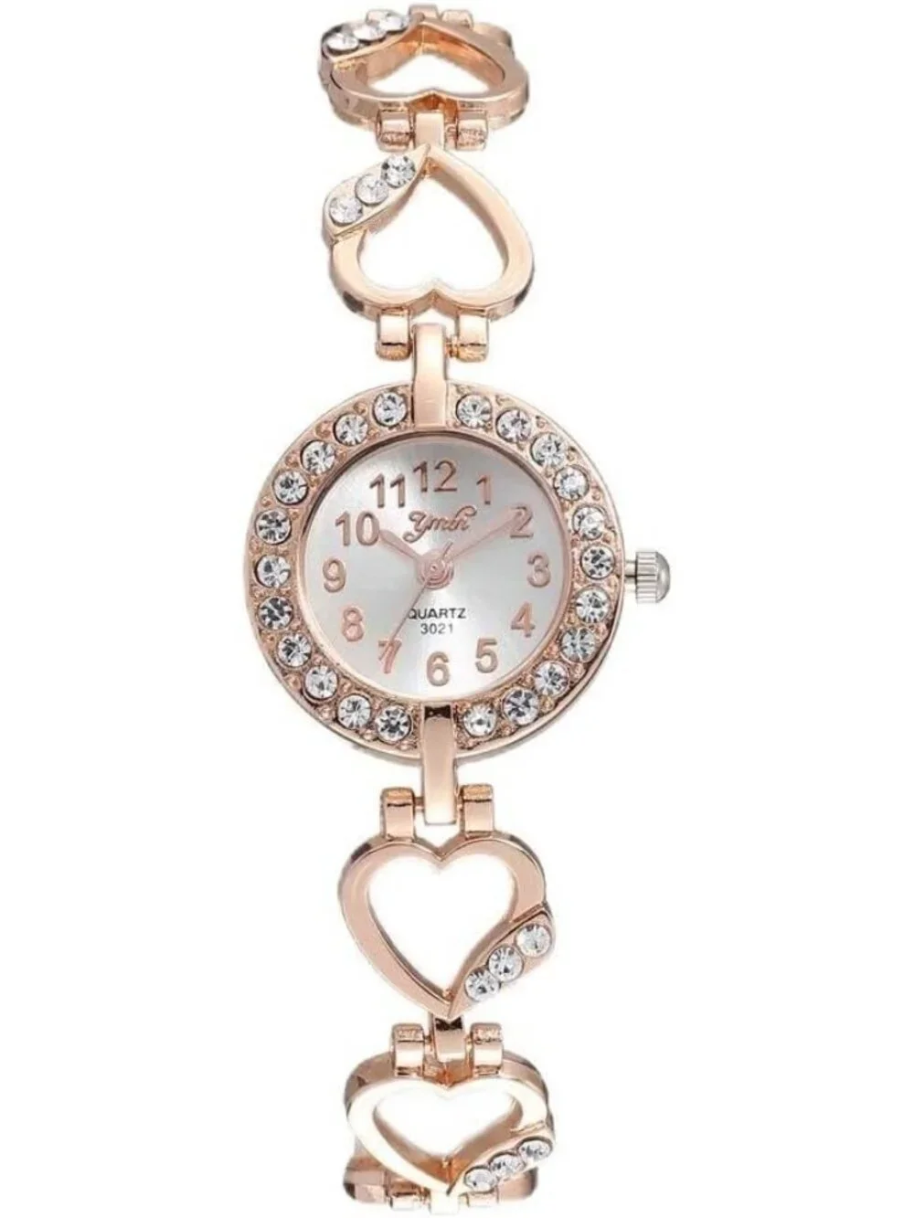 Women's Rose Gold Quartz Heart Shaped Band Alloy Diamond Encrusted Wrist Watch